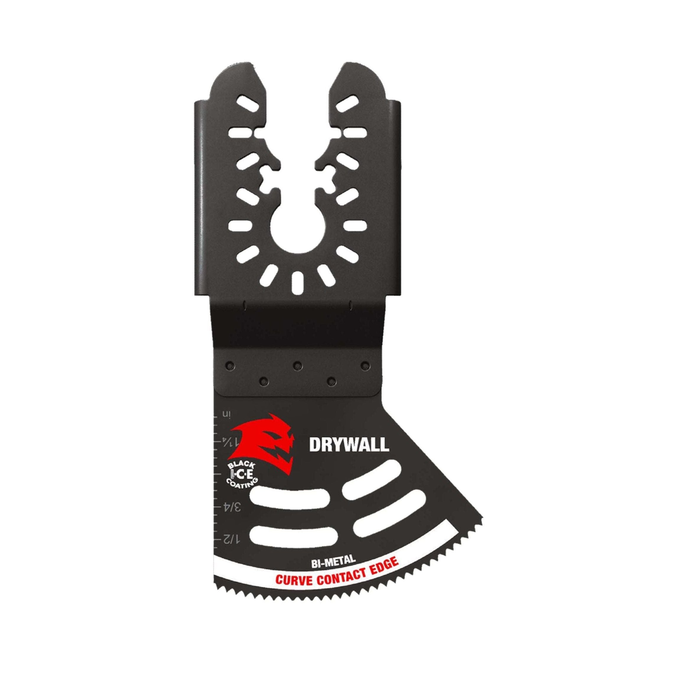 The Diablo DIABLO DOU200RBD 2 in. universal fit bi-metal oscillating blade features a black curved cutting edge labeled DRYWALL, with BI-METAL and CURVE CONTACT EDGE text. It has an ultra-hardened, serrated cutting edge and slots for easy attachment, designed for drywall use.